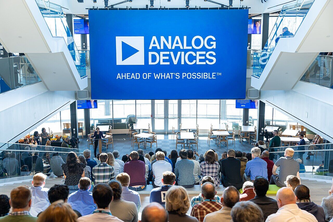 Company town hall in the atrium of Analog Devices' Wilmington campus